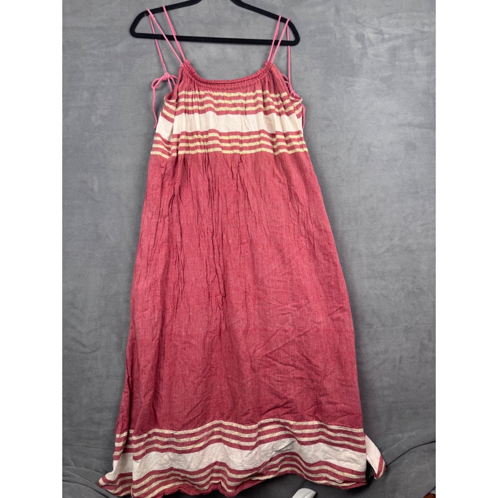 Sundress Red White Gold Metallic Striped Maxi Dress Women ML Cotton Boho Beach